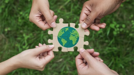 Four hands assembling puzzle pieces forming a globe on green grass, symbolizing collaboration, sustainability, and shared responsibility in protecting the planet.