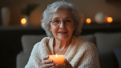 Elderly woman smiling and holding a lit candle in a cozy, softly lit room