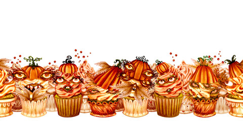 Watercolor seamless border of orange Halloween cupcakes with pumpkin heads, eerie eyes, creepy faces for spooky bakery packaging, seasonal menu, decor, patisseries, Halloween party, textile, scrapbook