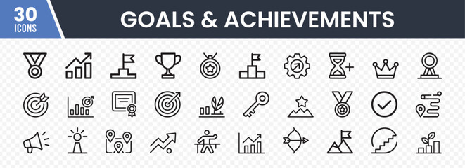 Set of 30 Goal and Achievement Icons Featuring Trophies, Medals, Targets, Flags on Mountains, Checkmarks, Stopwatches, Graphs, and Crowns for Success Visualization and Motivation