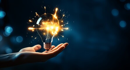 Hand presenting an incandescent bulb with dynamic light streaks and bokeh effects symbolizing a brilliant idea being shared or brought to light for all to see