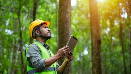 Environmental engineer in forest using tablet under sunlight for nature assessment and urbanization possibilities.