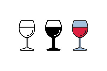 Wine Glass Vector Icon Set Outline Solid Black and Colored Red Wine Symbols