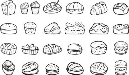 Bakery Icons vector illustration with thin line editable stroke containing bread, biscuit, cookie, cupcake, waffle, baker, pastry, flour, oven, donut, croissant, baguette, pie, pancake, breakfast