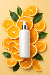 Blank white cosmetic bottle surrounded by fresh orange slices and green leaves on a vibrant yellow background a refreshing concept