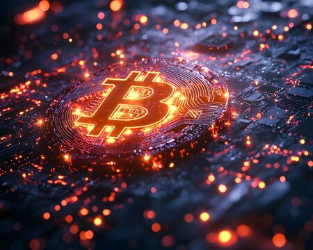 Glowing Bitcoin symbol in a futuristic digital landscape