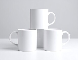 Stacked white mugs on a white surface