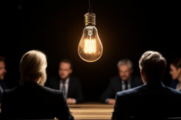 A single vintage Edison bulb hanging and glowing warmly above a group of silhouetted business people in a meeting suggesting a guiding idea or singular focus point
