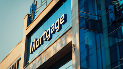 Obraz premium Modern office building with mortgage sign under clear blue sky