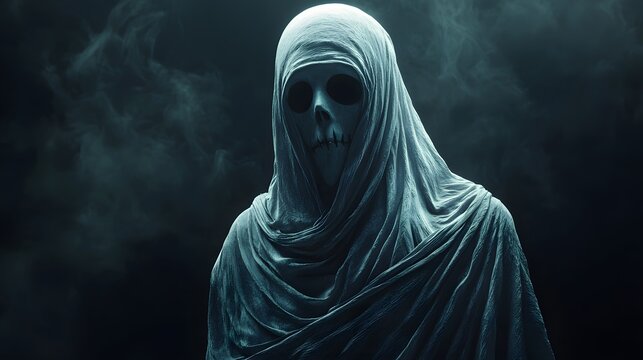 A hooded shadowy figure looms in the eerie supernatural darkness  long title A shrouded ghostly figure emerges from the ominous moody