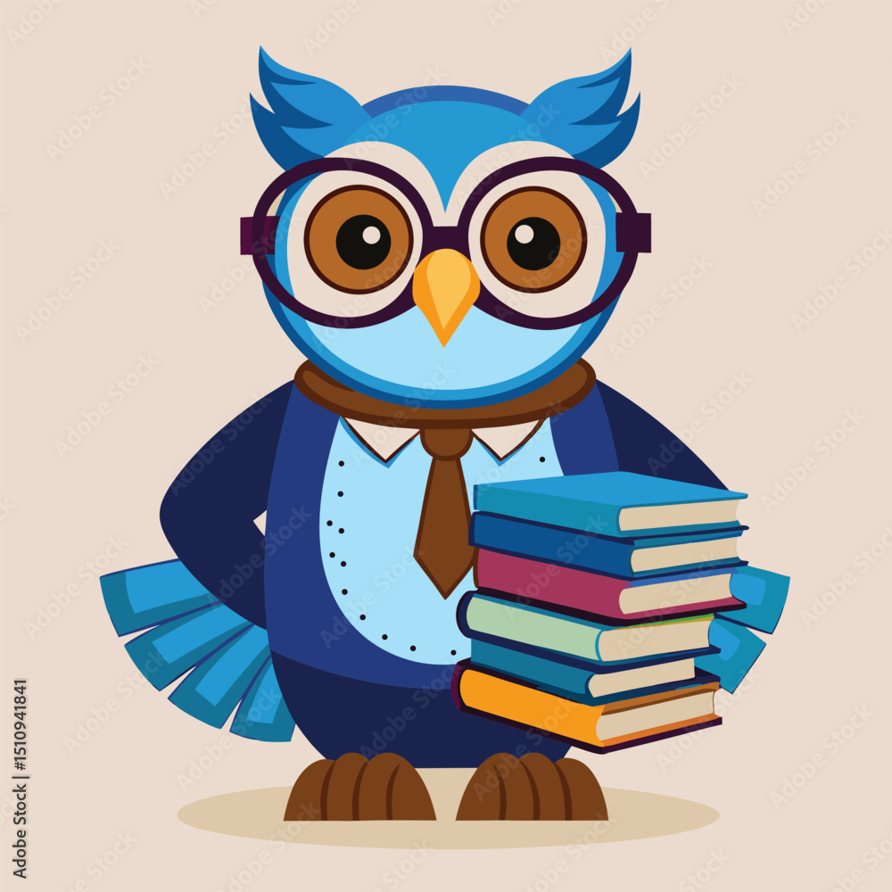 Aufkleber owl mascot librarian holds a stack of colorful books while promoting the joys of reading in a cozy l