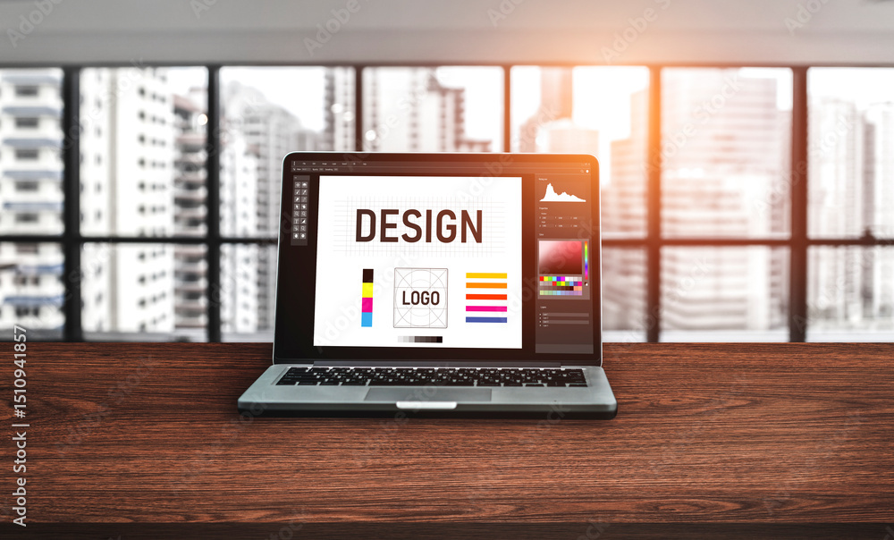 Poster graphic designer software for modern design of web page and commercial ads showing on the computer s