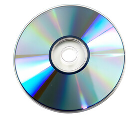 Close up shot of a compact disc with a black background showing its reflective surface and center hole