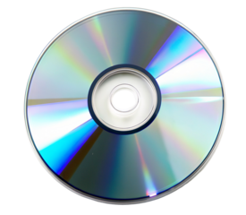 Close up shot of a compact disc with a black background showing its reflective surface and center hole