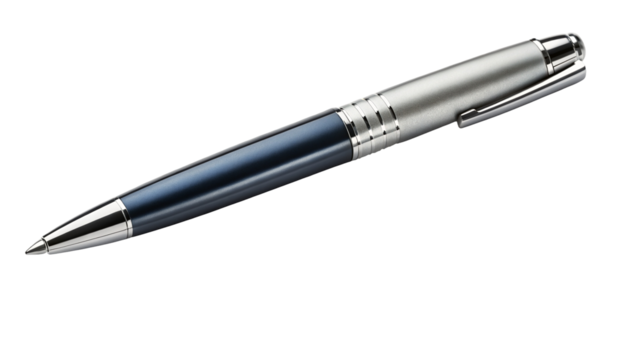 A close up shot of a blue and silver pen laying diagonally on a black surface in bright lighting