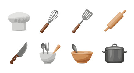 Illustration of kitchenware cooking tools utensils chef hat knife rolling pin whisk pot spoon fork