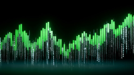 Futuristic stock chart, neon green spikes rising, black background, streams of code and symbols