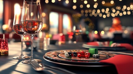 Elegant dinner setting with dice on a plate, suggesting a high-stakes game or celebration.