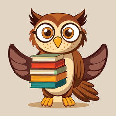 Obraz premium Owl mascot representing a book publisher holds a stack of colorful novels, emphasizing the joy of reading and storytelling