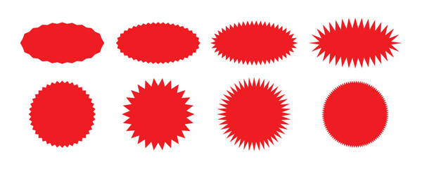Set of red starburst, sunburst badges. Design elements - best for sale sticker, price tag, quality mark. Flat vector illustration isolated on white background.
