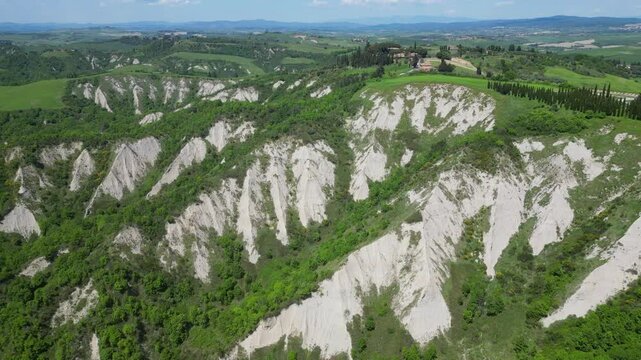 Vitaleta Chapel aerial view in the wonderful valley of D'orcia in Tuscany. Drone footage.