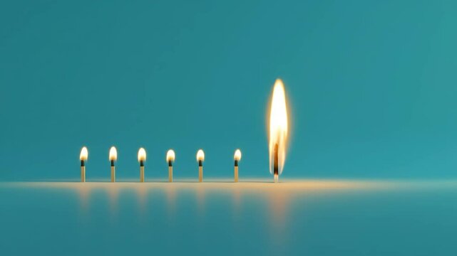 Sequential matchsticks igniting in bright flames on reflective surface