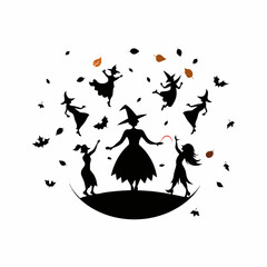 Witches Dancing on Halloween Night with Autumn Leaves Silhouette