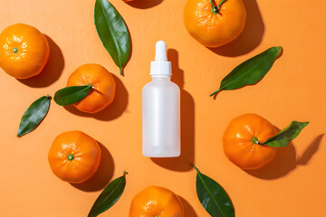 Fresh tangerines and leaves arranged around a white dropper bottle on a vibrant orange background flat lay composition