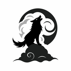 Howling Wolf on a Cloud Under the Moon Silhouette