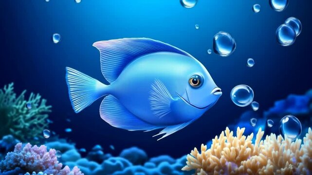 Vibrant blue fish swimming gracefully among coral reefs and bubbles in a tranquil ocean scene