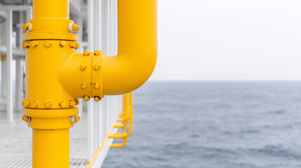 Yellow pipes snake across rig, rugged joints, rustproof fixings, ocean backdrop soft