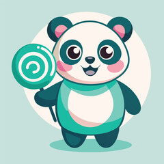 Delightful panda mascot holding a swirl lollipop with an excited expression in a colorful setting