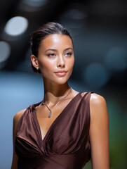 girl model on the catwalk at a fashion show in a stylish dress of the trendy color 2025 mocha mousse