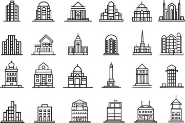 Fototapeta premium Building lined icons set. Related to shop, hospital, real, school, mall, shopping and more. Collection for mobile and web apps. Minimalist editable stroke. Vector illustration