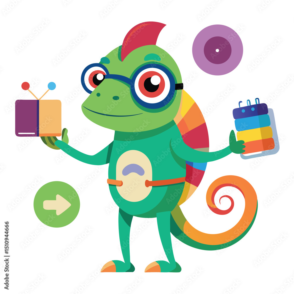 Poster chameleon mascot engages with students by changing colors to teach educational concepts in a vibrant