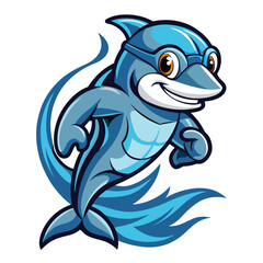Fototapeta premium Dolphin mascot in swimming goggles and cap enjoying a lively swim through the water during a sunny day, radiating energy and excitement for aquatic adventures