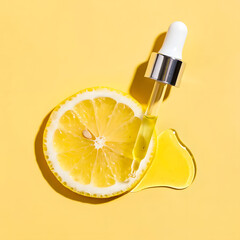 Fresh lemon slice with oil droplet and dropper cosmetic skincare treatment on bright yellow background perfect for beauty products.