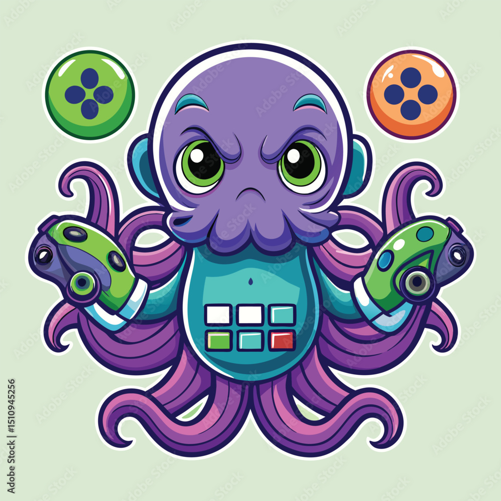 Poster octopus mascot showcasing multiple game controllers in tentacles, representing fun and playfulness i