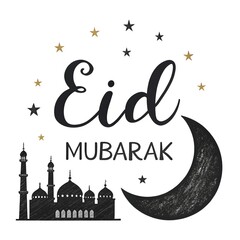 Minimal Eid Mubarak Design with Black Crescent and Elegant Cursive Text