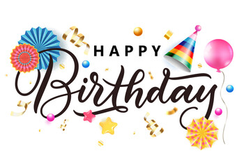 Happy birthday calligraphy lettering with colorful 3d party cone hats, paper stars, air balloons. Vector illustration