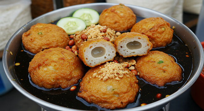 Indonesian traditional pempek - golden-brown fish cakes with crispy edges, floating in dark vinegar-caramel sauce