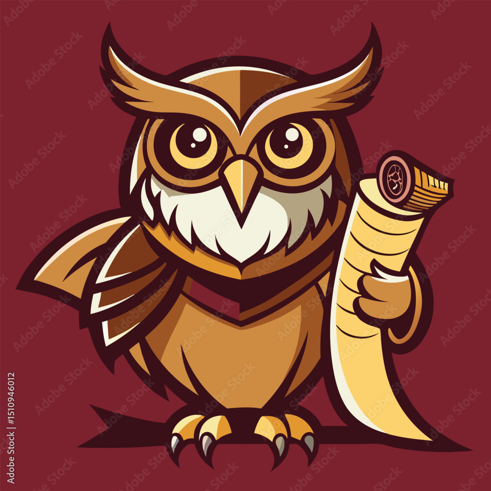 Aufkleber scholarly owl mascot holding a scroll with ancient text symbolizing wisdom and learning in a creativ