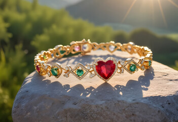 Heart-shaped ruby bracelet with gemstone details, displayed in a natural setting, elegant fine jewelry piece combining love, luxury and nature in a close-up composition