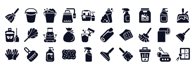 Set of cleaning supplies icons in black and white vector format, Cleaning Tools & Supplies icon set