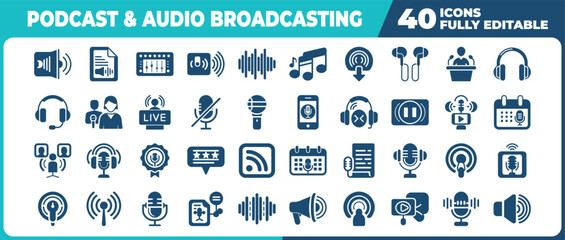 Collection of podcast and audio broadcasting icons featuring microphones headphones and sound waves
