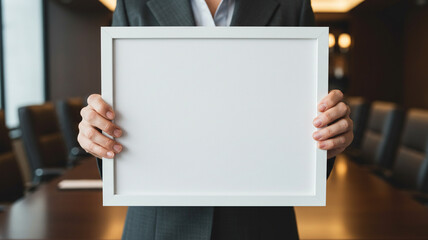 Businessman hands holding blank horizontal white picture frame mockup in blurred modern office or meeting room background. Empty template for presentation.