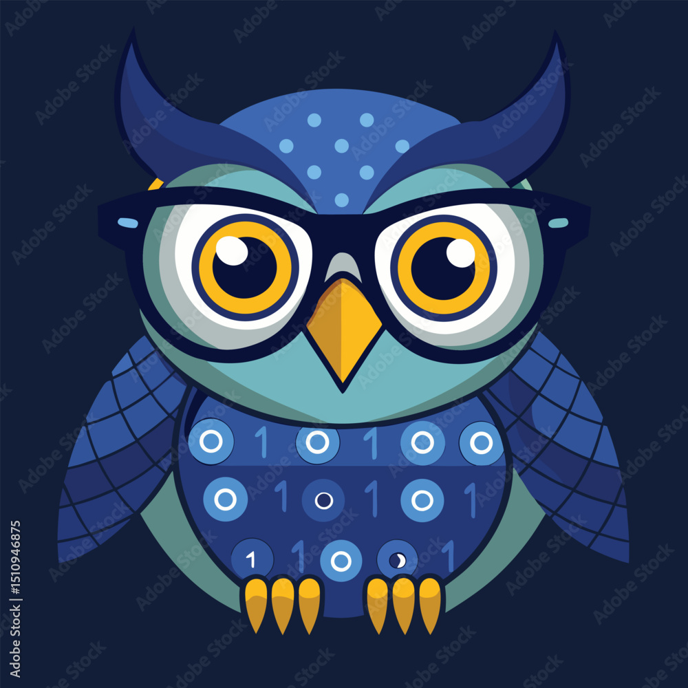 Poster owl mascot design featuring a binary code pattern on the feathers, highlighted by large glasses and 