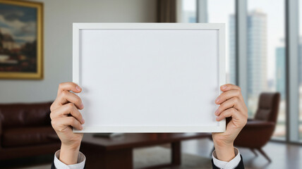 Businessman hands holding blank horizontal white picture frame mockup in classic interior with artwork. Empty template for art or certificate display.