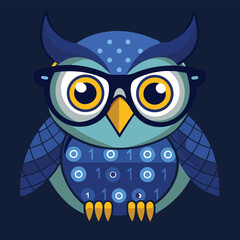 Fototapeta premium Owl mascot design featuring a binary code pattern on the feathers, highlighted by large glasses and bright colors, representing technology and education