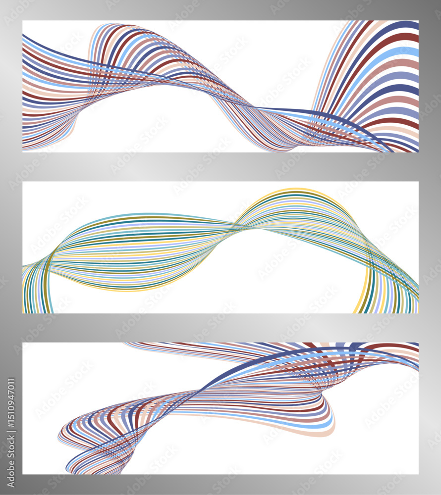 Poster wavy lines or ribbons. set of 3 backgrounds. multicolored striped gradient. creative unusual backgro